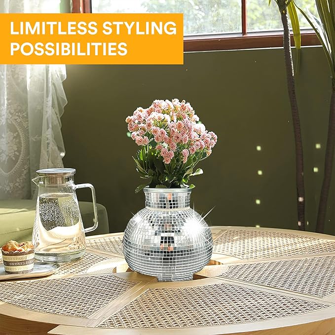 Disco Ball Planter | 7” Disco Ball Vase for Flowers & Plants | Handmade Silver Square Small Mirrors Center Piece | Disco Ball Plant Holder Silver