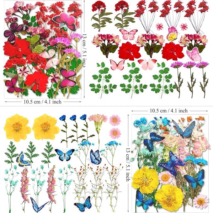 103Pcs Dried Pressed Flowers with Butterfly Stickers for Resin Molds, Real Natural Bulk Dry Floral Leave for DIY Art Crafts, Epoxy Jewelry, Candle, Soap Making, Nails Decors