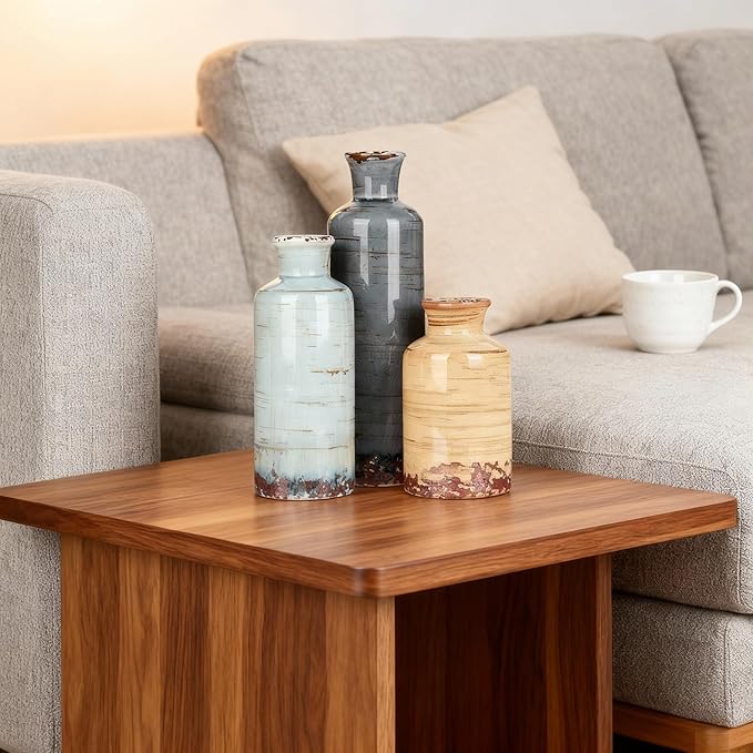 Ceramic Vase Set of 3 - Coastal Multicolor Decorative Vases for Home Decor, Rustic Farmhouse Boho Vases for Living Room, Mantel, Dining Table, Bookshelf, Kitchen or Entryway Decoration