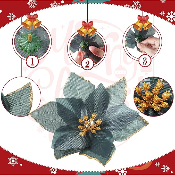 WILLBOND 24 Pcs 3 Size Poinsettia Flower Artificial Christmas Decor Glitter Poinsettia Christmas Ornaments Faux Flowers for Xmas Tree Outdoor(3.2/4/6 Inches,Black Green)