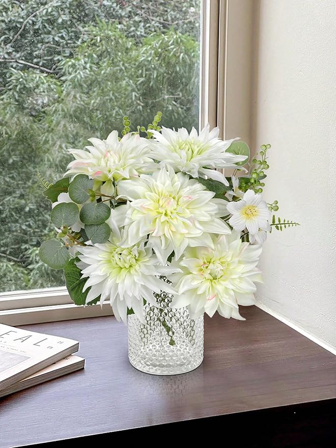 Dahlia Artificial Flowers 9PCS Fake White Flowers Realistic Dahlia Daisies Silk Flower Arrangements Faux Flowers for Vase Floral Centerpiece Arrangements Wedding DIY Bridal Bouquet Party Home Decor