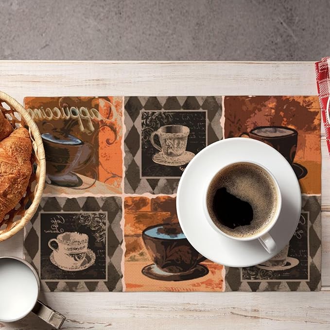 Coffee Linen Table Placemats Set of 4 Vintage Modern Art Placemat Indoor Outdoor Party Home Desktop Kitchen Dining Room Decoration 12x18 Inch