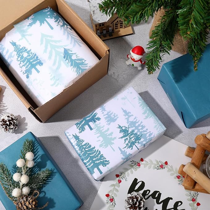 Whaline 100 Sheets Christmas Tissue Paper Blue Xmas Tree Gift Wrapping Paper Decorative Art Paper for Winter Home Party DIY Crafts Supplies, 14 x 20 Inch
