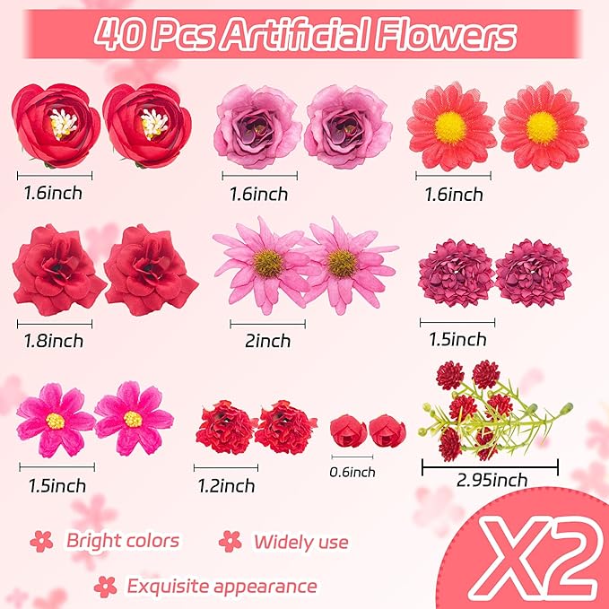 Red Artificial Flowers Heads for Decoration, 40 Pcs Faux Daisy Baby's Breath Fake Rose Small Flowers, Faux Flowers Head Fabric Flower for Crafts, Birthday, Hair Cap Dress Decoration
