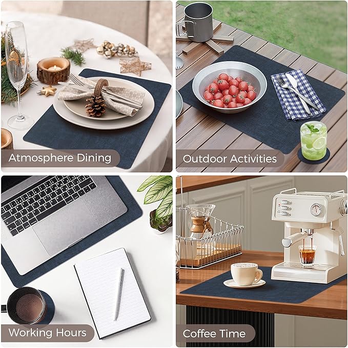 Vinyl Placemats Set of 4, Faux Leather Waterproof and Heat Resistant Place Mats, Washable Anti-Slip Table Mats with Coaster, Wipeable Placemats for Indoor & Outdoor 17" x 12" (Navy Blue, Set of 4)