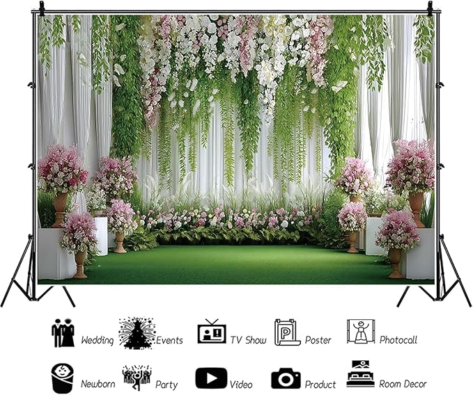 Baocicco Flowers Wedding Backdrops 7x5ft Green White Pink Floral Engagement Background Bridal Shower Backdrop Proposal Wedding Party Decoration Backdrop Valentines Day Banner Supplies