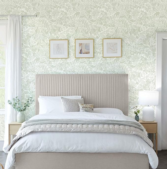 Peel and Stick Wallpaper Modern Wall Paper Green Boho Contact Paper Bedroom Bathroom Wallpaper Peel and Stick Light Green Tropical Leaf Removable Self-Adhesive Wall Decor 17.3" x 118"