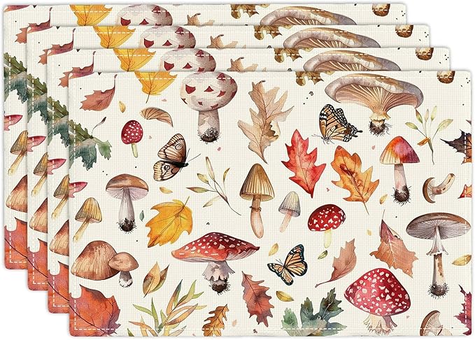 Mushroom Botanical Placemats Set of 4 Mushroom Plants Place Mats Botanic Waterproof Washable Table Mats Kitchen Dining Decoration 4 PCS