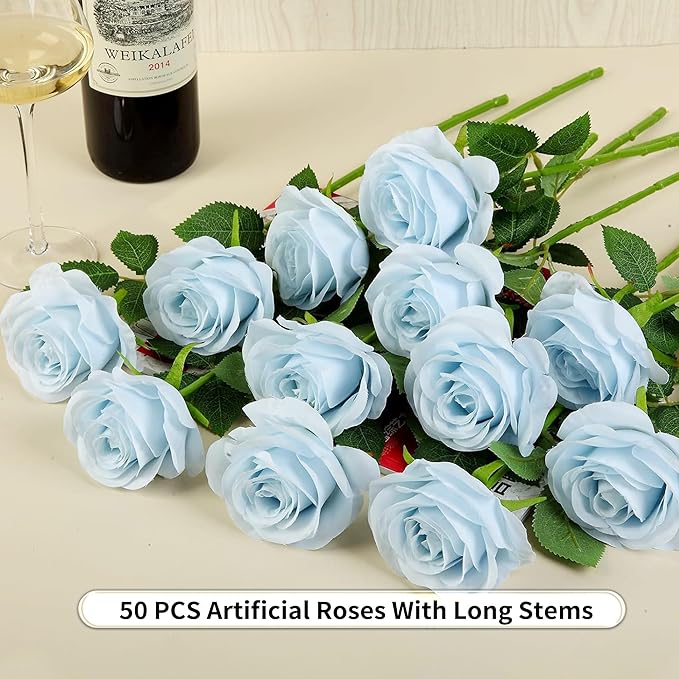 50PCS Artificial Roses with Long Stems - Realistic Silk Flowers, Fake Roses Real Touch Bouquet of Roses for Home Decor, Bridal Wedding Party Table Centerpieces, Bulk Faux Rose Flowers ( Sky Blue )