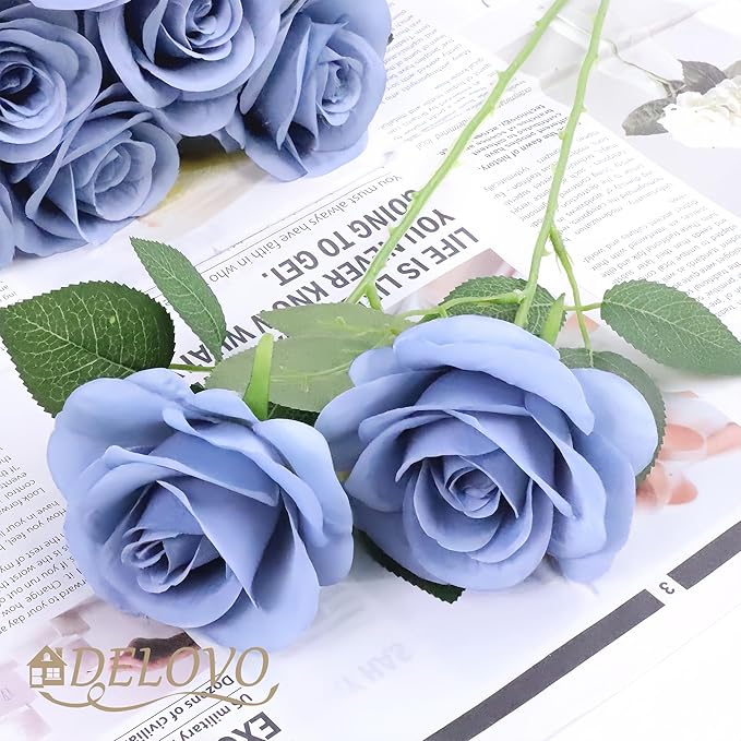 52pcs Dusty Blue Roses Artificial Flowers Fake Flowers Silk Roses with Stems for DIY Wedding Bouquets Bridal Shower Centerpieces Arrangements Party Decorations