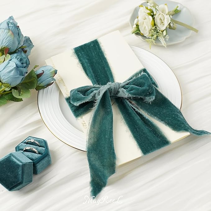 MAYREEL 2 Inch Steel Blue Velvet Ribbon Hand Torn Sky Blue Silk Frayed Edge for Bridal Bouquets Invitations Wedding Vow Books Gift Baskets Hair Bows 3 Yards