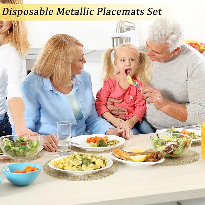 Hysenm 50 Pcs Disposable Gold Placemats Set Metallic 13 Inch Round Foil Mesh Pressed Table Doilies, Ultra-Thin Disposable Placement Mats for Home Decoration Dining Table Wedding Birthday Party