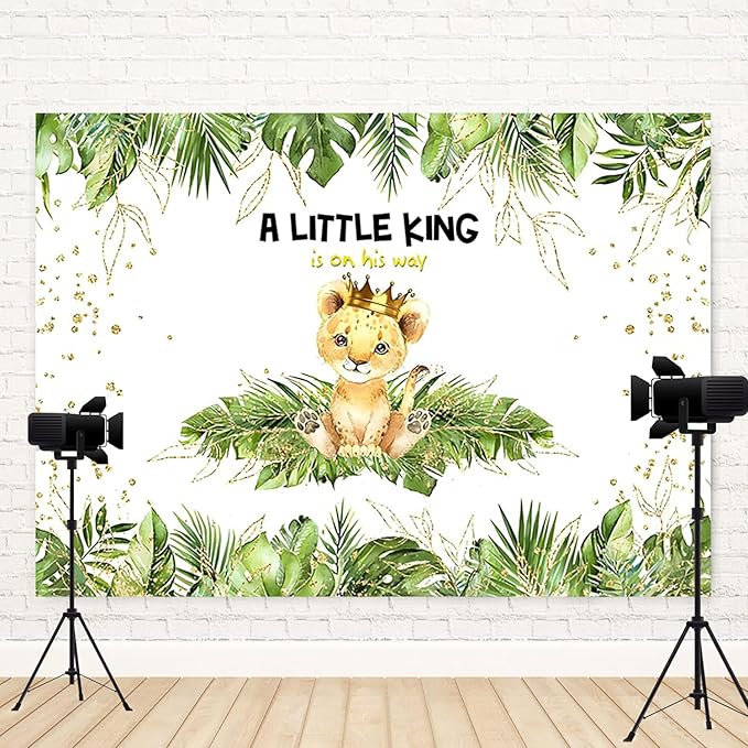 15x8ft Baby Shower Backdrop A Little King is On His Way Photography Background Lion Crown Jungle Forest Green Leaf Kid Birthday Party Banner Decorations Newborn Portrait Photo Booth Prop