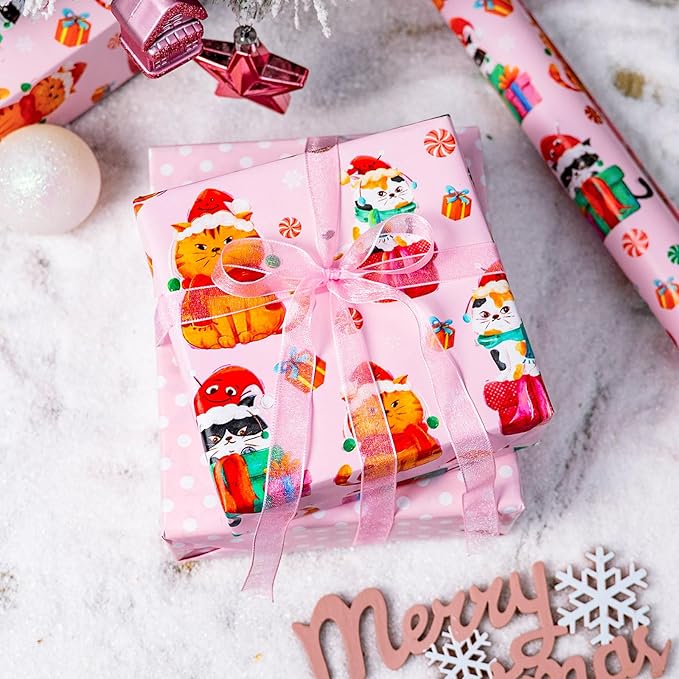 MAYPLUSS Christmas Wrapping Paper Roll - 17 Inch X 33 Feet - Pink Cute Cat Christmas Hat Reversible Polka Dot Gift Wrapping Paper, Thick Wrap Paper for Holiday Party New Year Kids