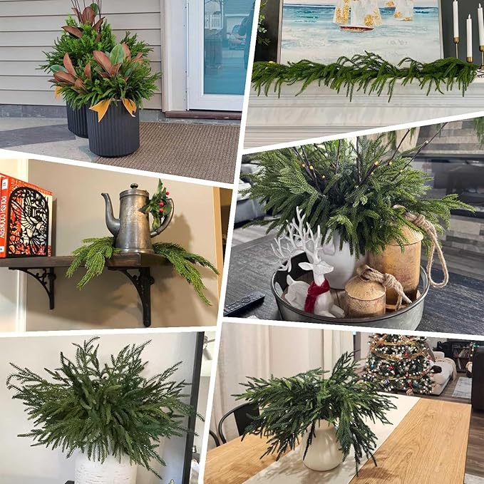 12 Pcs Christmas Norfolk Pine Branches Real Touch Norfolk Pine Stems Picks Faux Greenery Holiday Evergreen Stems for Vase DIY Crafts Garland Wreath Home Decor - 18" Long