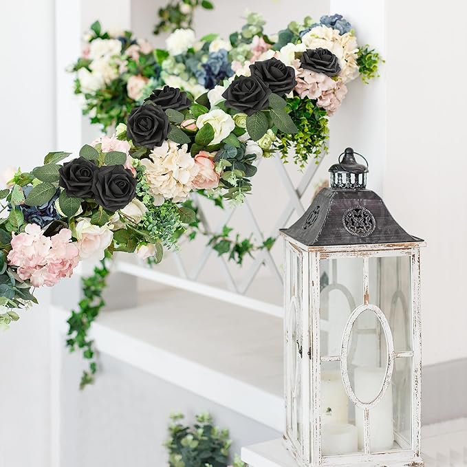 Mocoosy 50Pcs Black Roses Artificial Flowers, Fake Roses for Decorations, Real Touch Foam Rose Bulk with Stem Gothic Wedding Bouquet DIY Floral Arrangements Bridal Shower Valentine's Party Table Decor