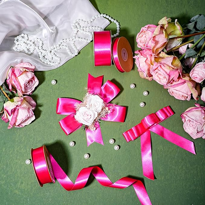 LaRibbons Hot Pink Satin Ribbon 1 1/2 Inch 25 Yards Luxury Double Faced Hot Pink Ribbon for Gift Wrapping Pink Breast Cancer Ribbons Flower Bouquet Crafts Wedding Party Christmas Decoration