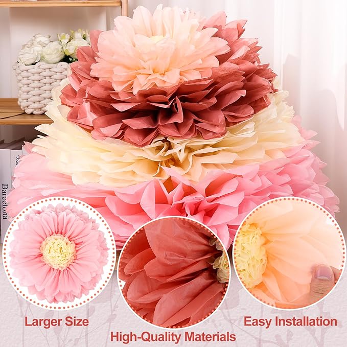 VAIPI 12 Pcs Giant Tissue Paper Flowers Decorations 30'' 24'' 20'' 12'' Large Crepe Paper Flowers Colorful Pom Poms DIY Craft for Wedding Baby Shower Birthday Party Wall Backdrop Decor