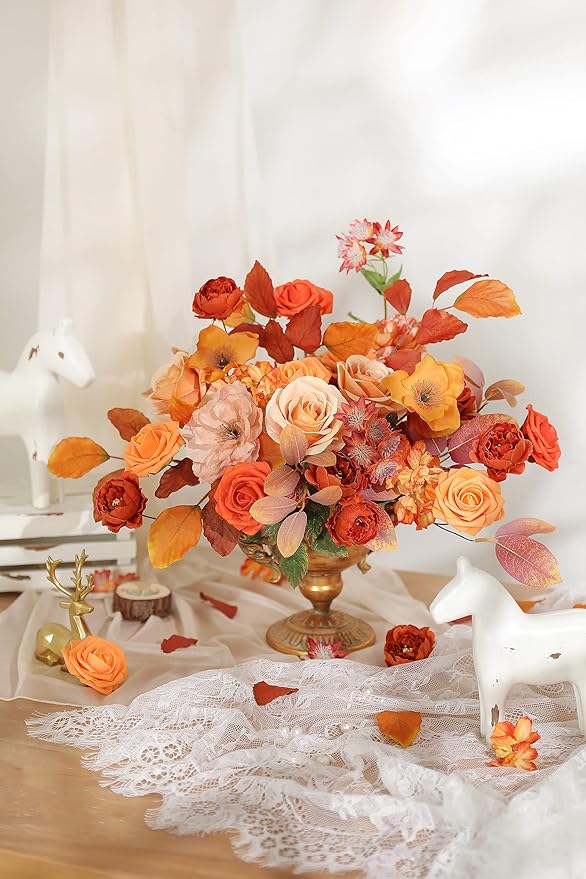 Orange Artificial Flowers Box Set Gradient Color Foam and Silk Fake Flowers with Stems for DIY Wedding Bridesmaid Bridal Bouquets Centerpieces Party Fall Home Decoration