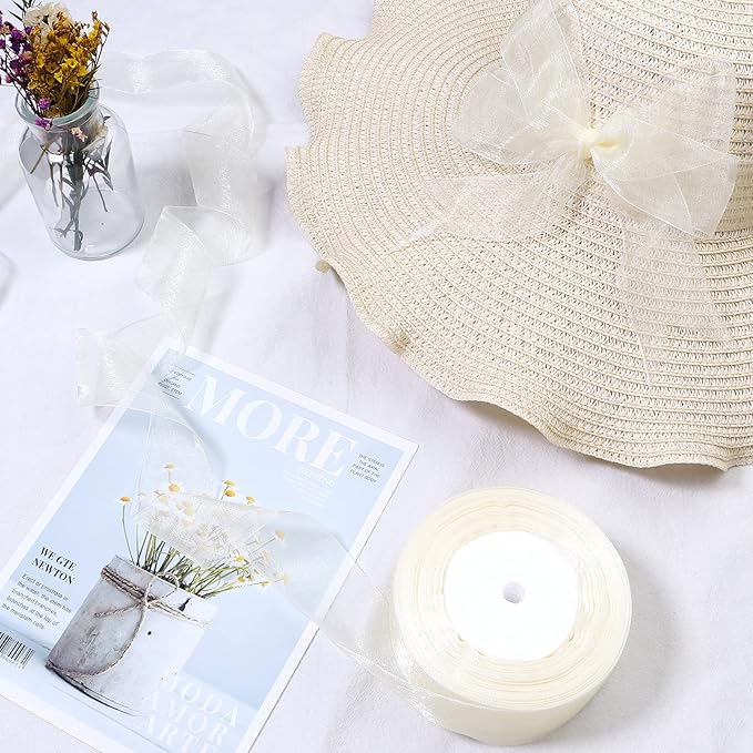 1.5 inch Sheer Organza Ribbon Ivory Chiffon Ribbon for Gift Wrapping Christmas Halloween Decoration Wedding Bouquet Crafts 50 Yards
