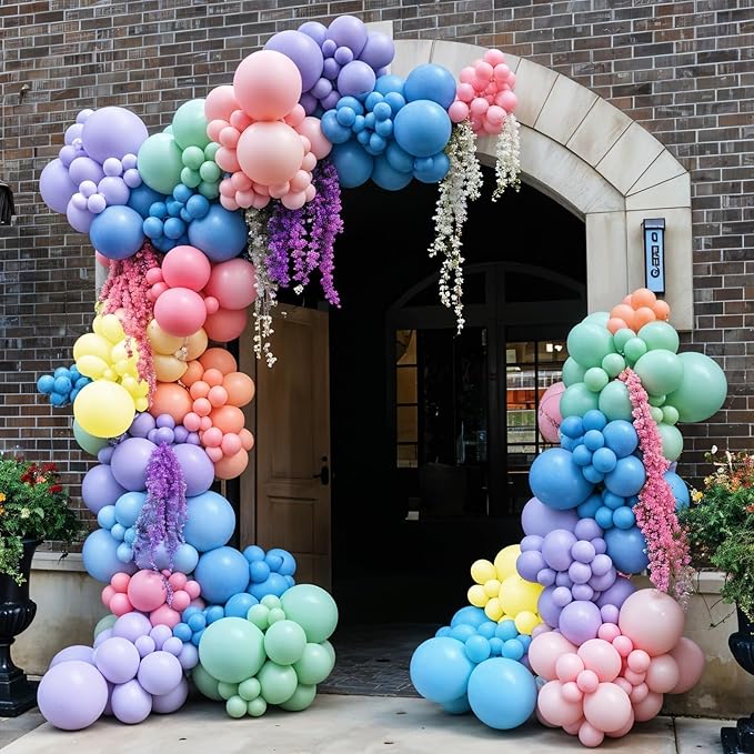 Flower Balloon Arch Kit, 122Pcs Hot Pink Pastel Blue Dusty Green Macaron Orange Lavender Purple Yellow Matte Balloons for Girls Floral-themed Party Boho Baby Shower Wedding Birthday Decorations