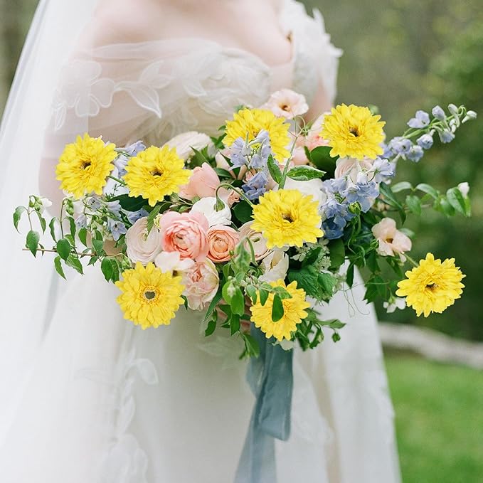 Yellow Gerbera Daisy Fake Flower Artificial Flowers Silk Flowers 10PCS Fake Daisies 17.7in Faux Daisies Flowers for Wedding Bridal Bouquet Party Home Kitchen Decor(Yellow)