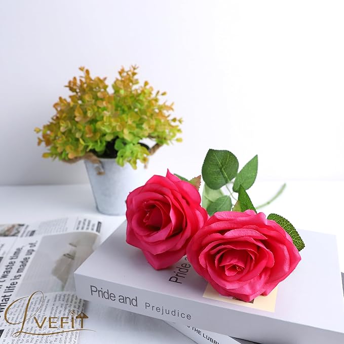 30pcs Artificial Rose Flower Hot Pink Rose Flower with Long Stem Silk Roses Bouquet for Wedding Bridal Shower Party Home Decoration