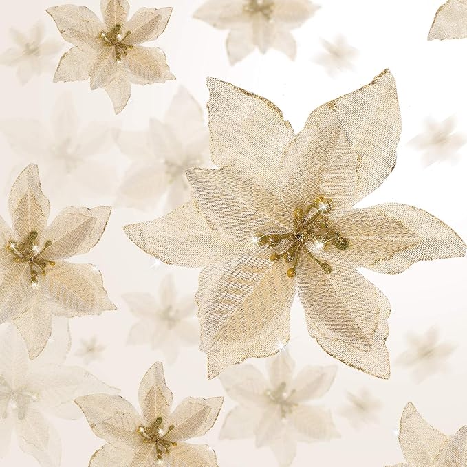 WILLBOND 24 Pcs 3 Size Poinsettia Flower Artificial Christmas Decor Glitter Poinsettia Christmas Ornaments Faux Flowers for Xmas Tree Outdoor(4/6/7.9 Inches,Gold)