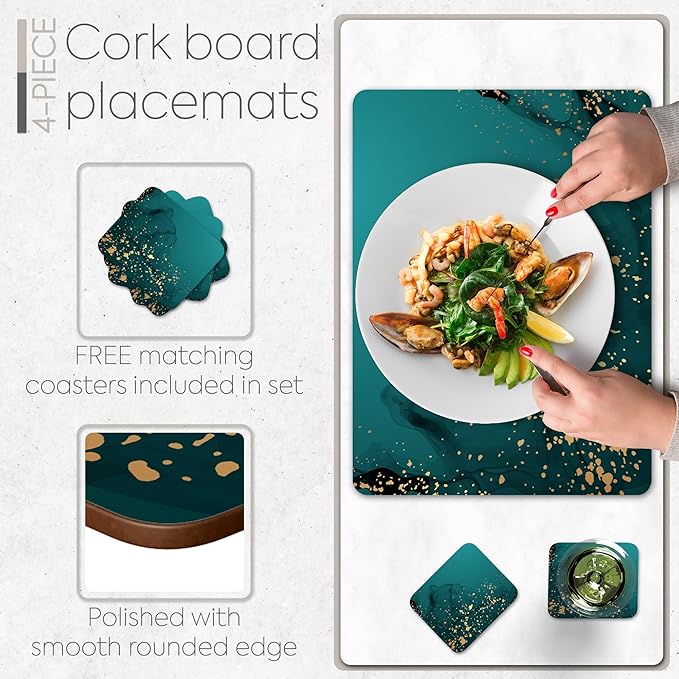 Set of 4 Heat Resistant Cork Placemats for Dining Table with Free Set of 4 Matching Drink Coasters Deep Green and Gold Design 16 x 12 Inches Cork Backed Hard Placemats (Green Serenity)