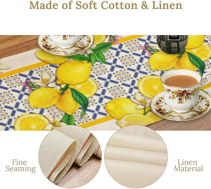 Lemon Table Runner ,Summer Blue Tiles Lemons Kitchen Dining Table Decoration Lemons Table Cover for Indoor Outdoor Home Party Decor, 13 x120 in