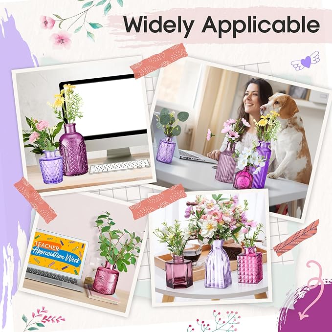 Yaomiao 30 Pcs Vases Bulk Colored Flower Glass Christmas Vases Bud Vintage Colored Glass Bottles Colorful Rustic Embossed for Home Wedding Table Decorations Gifts(Purple Series)