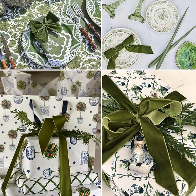 Olive Green Velvet Ribbon 3/8 Inches x 5 Yards for Gift Wrapping, Crafts, Christmas Tree, Wreath, Bow Making, Vintage Fabric DIY on The Spool
