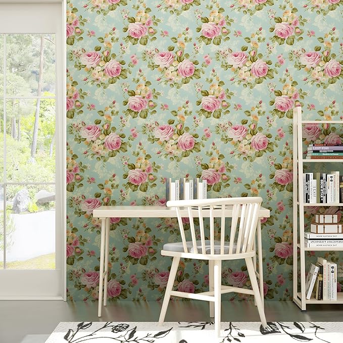 Blue Rose Wallpaper Peel and Stick Boho Wallpaper 17.5in x 9.8ft Vintage Floral Contact Paper Vinyl Self Adhesive Removable Modern Floral Wall Paper for Bedroom Shelf Liner Cabinet Decor