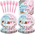 48pcs Pink Blue Gender Reveal Party Decoration Set,16 Dessert plate,16 Napkin And 16 Fork,16 persons Disposable tableware,Used Cowgirl Birthday Party Supplies (Multicolor 25)