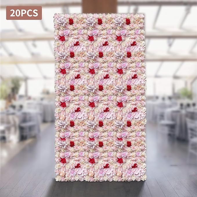 20 Pack Flowers Wall Panels Artificial Floral Wall Mat Handmade 3D Silk Rose Hydrangea Dahlia Floral Panels for Photo Background Home Party Wedding Backdrop Decoration, 24 x 16 inch (E)