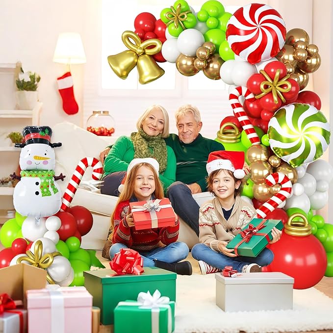 Christmas Balloons Decorations Red Green Gold White Balloon Garland Arch Kit with Snowman Reindeer Candy Cane Foil Mylar Balloon for Merry Christmas Xmas New Year Baby Shower Birthday Party Decoration