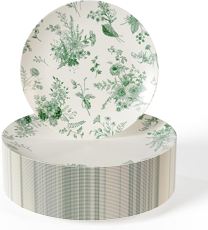 Trendables Plastic Disposable Plates Set I 8 Inch Dessert Plates & 10 Inch Wedding Party Plates | Ivory & Green Verdure Design (40)