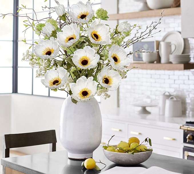 28.3" White Artificial Flowers Poppy Flowers 3Pcs Silk Fake Poppy Flowers Real Touch Faux Poppies Spring Flower Long Stem Arrangement with 4 Heads for Party Centerpiece Bouquet Table Home Decoration