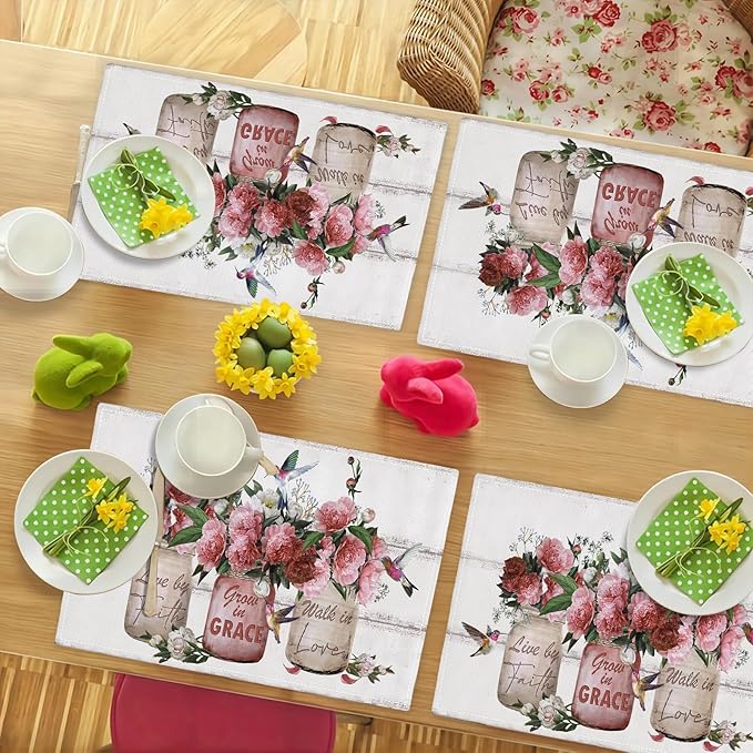 Rose Flower Placemats Set of 4 Farmhouse Peony Floral Table Mats Washable Place mats for Home Party Indoor Kitchen Dining Table Decoration 12x18 Inch
