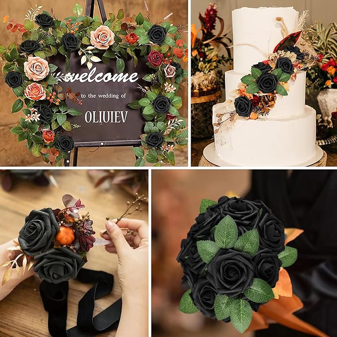 AmyHomie Artificial Flowers Black Rose 25pcs Real Looking Fake Roses w/Stem for DIY Wedding Bouquets Centerpieces Arrangements Party Baby Shower Valentines Day Christmas Tree Decorations