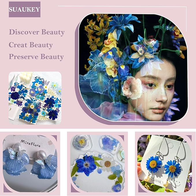 95 Pcs Blue Pressed Dried Flowers for Resin, Real Natural Bulk Dry Wildflowers Leaves Perfect for Epoxy Molds, DIY Crafts, Soap Candles Jewelry Making, and Home Decor
