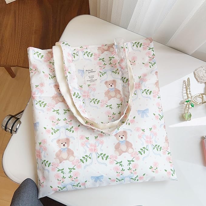 Cotton Canvas Tote Bag Reusable Soft Grocery Cloth Bag Floral Shoulder Bag for Beach Travel Shopping