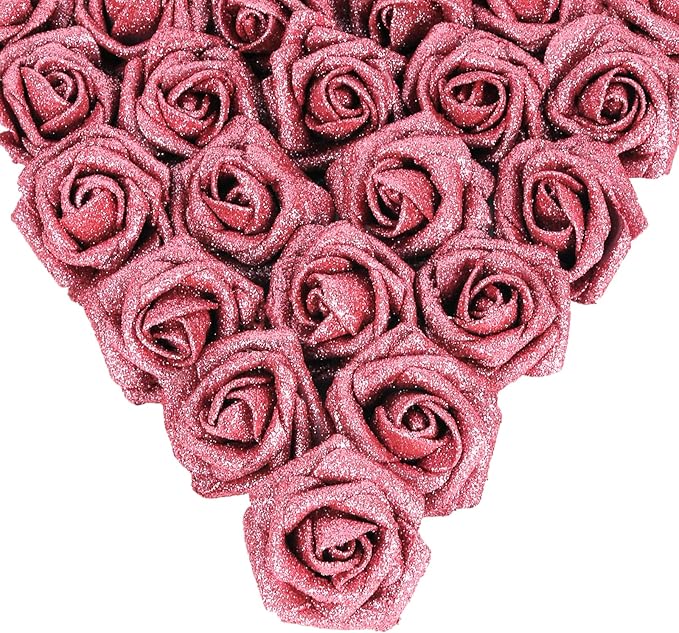 IPOPU Glitter Rose Bouquet,25PCS Sparkle Fake Roses Artificial Flowers Artificial Roses with Stems for Cake Wedding Bouquet Home Party Decoration(Salmon)