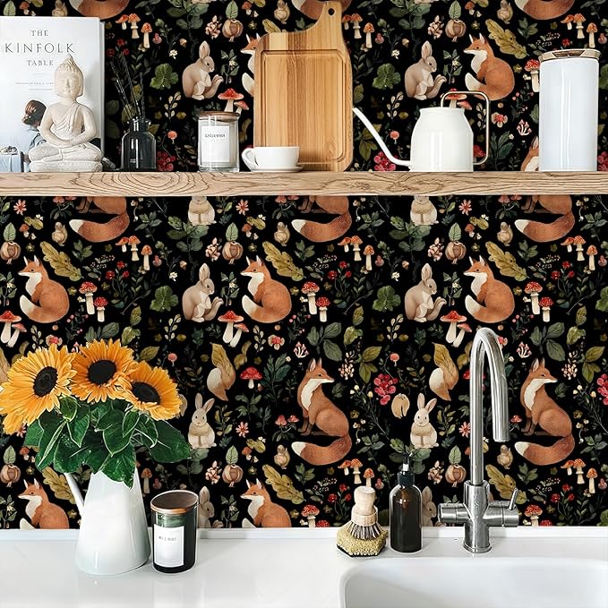 Vintage Fox Rabbit Mushroom Peel and Stick Wallpaper Removable Whimsical Botanical Leaf 17.7" x 236.22" Wall Paper Watercolor Self Adhesive Contact Paper for Classroom Bedroom laundry room bathroom