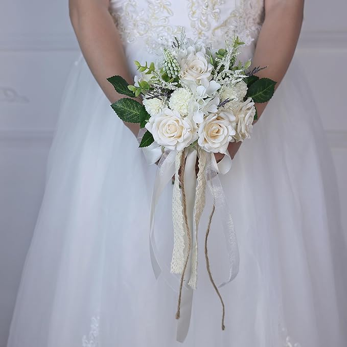 Wedding Bouquets for Bride Bridesmaid,White Champagne Artificial Roses Flowers for Wedding Church Decoration (7.5in)