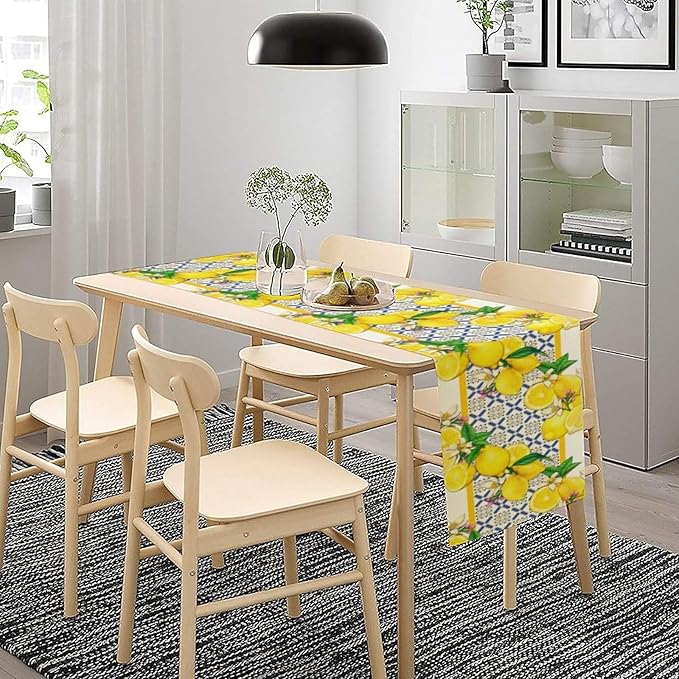 Lemon Table Runner ,Summer Blue Tiles Lemons Kitchen Dining Table Decoration Lemons Table Cover for Indoor Outdoor Home Party Decor, 13 x120 in