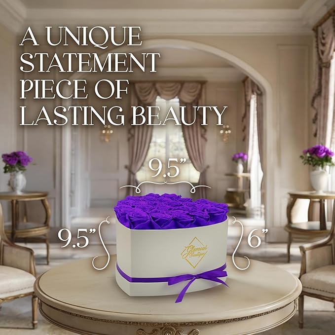 GLAMOUR BOUTIQUE Preserved Roses in a Box - Gifts for Her, Wife & Mom, Rose Flowers Forever Decor for Birthday Gift, Get Well Flower Bouquet Cased in White Box with Cover - Purple - 27-Piece