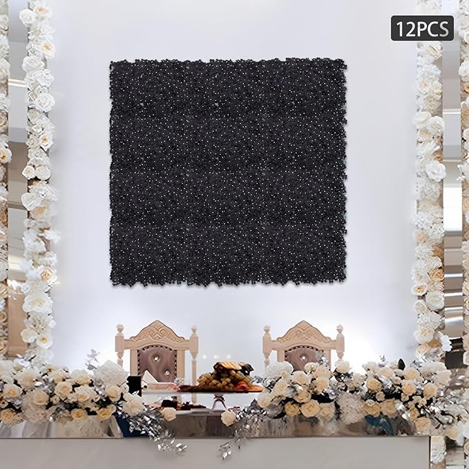 Flower Wall Panel Set,Black Artificial Wall Flower Backdrop,12 Pcs 23.62" X 15.75" 3D Silk Hydrangea Rose Floral Panel,Faux Roses Artificial Flower Backdrop for Wall Decor (12PCS-Black2)