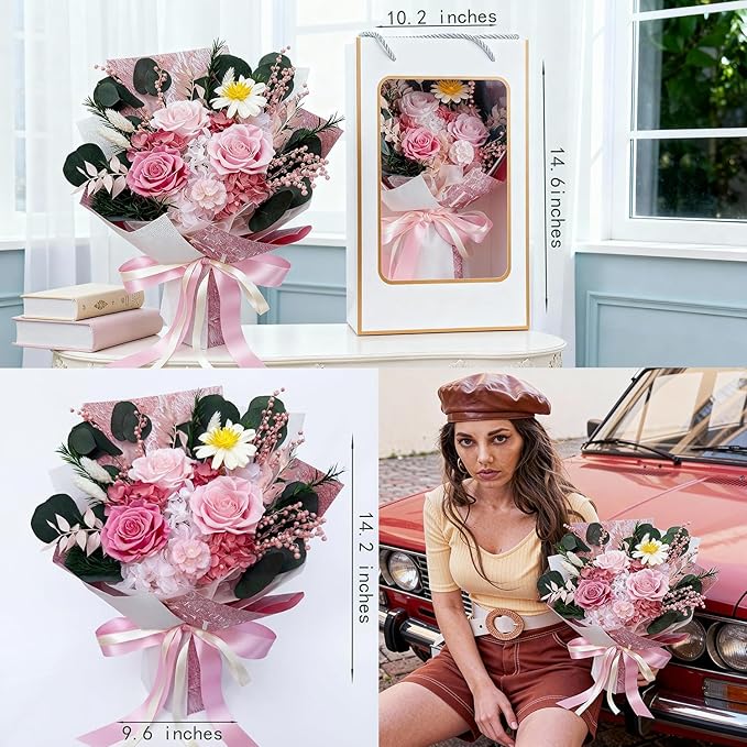 HUACHIPLUS Preserved Roses Bouquet-Good Fortune Gifts for Women Wife Girlfriend Mom-Fresh Flowers Bouquet-Flowers for Delivery Prime on Christmas Valentines Anniversary Mothers Day Birthday (Pink1)