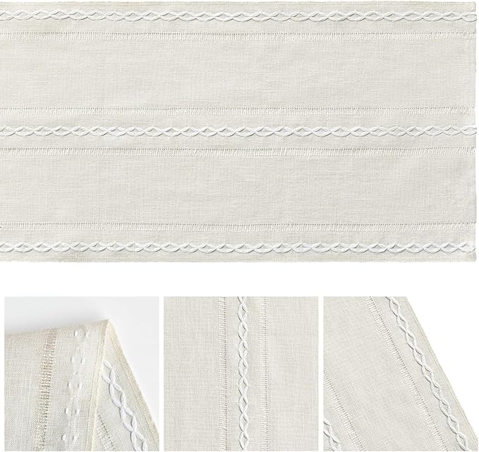 Artoid Mode Beige Rustic Cotton Linen Table Runner, Seasonal Embroidered Hollow Kitchen Dining Table Decoration for Home Party Decor 13x60 Inch